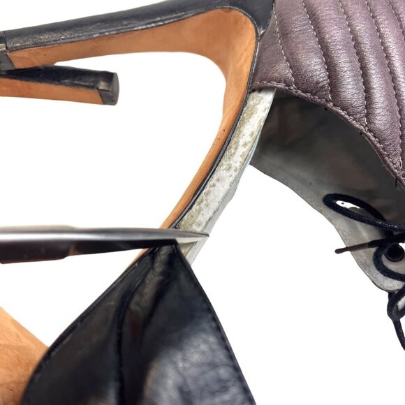 Geren Ford Tess Ankle Tie Heels Size 7.5 Ladies Black and Taupe Leather Pinup - Picture 4 of 9